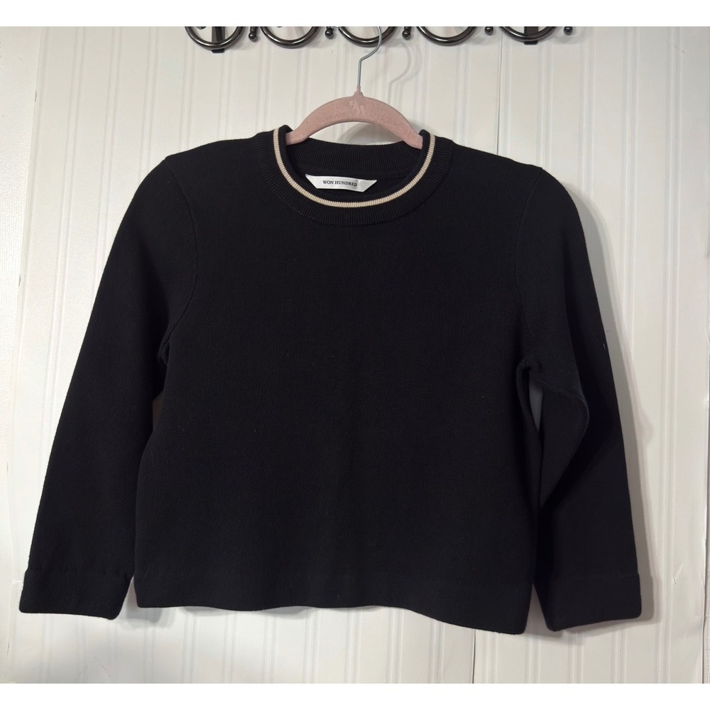 Won‎ Hundred Ball_1 Black Cotton Blend Crew Neck Sweater Striped Trim Small